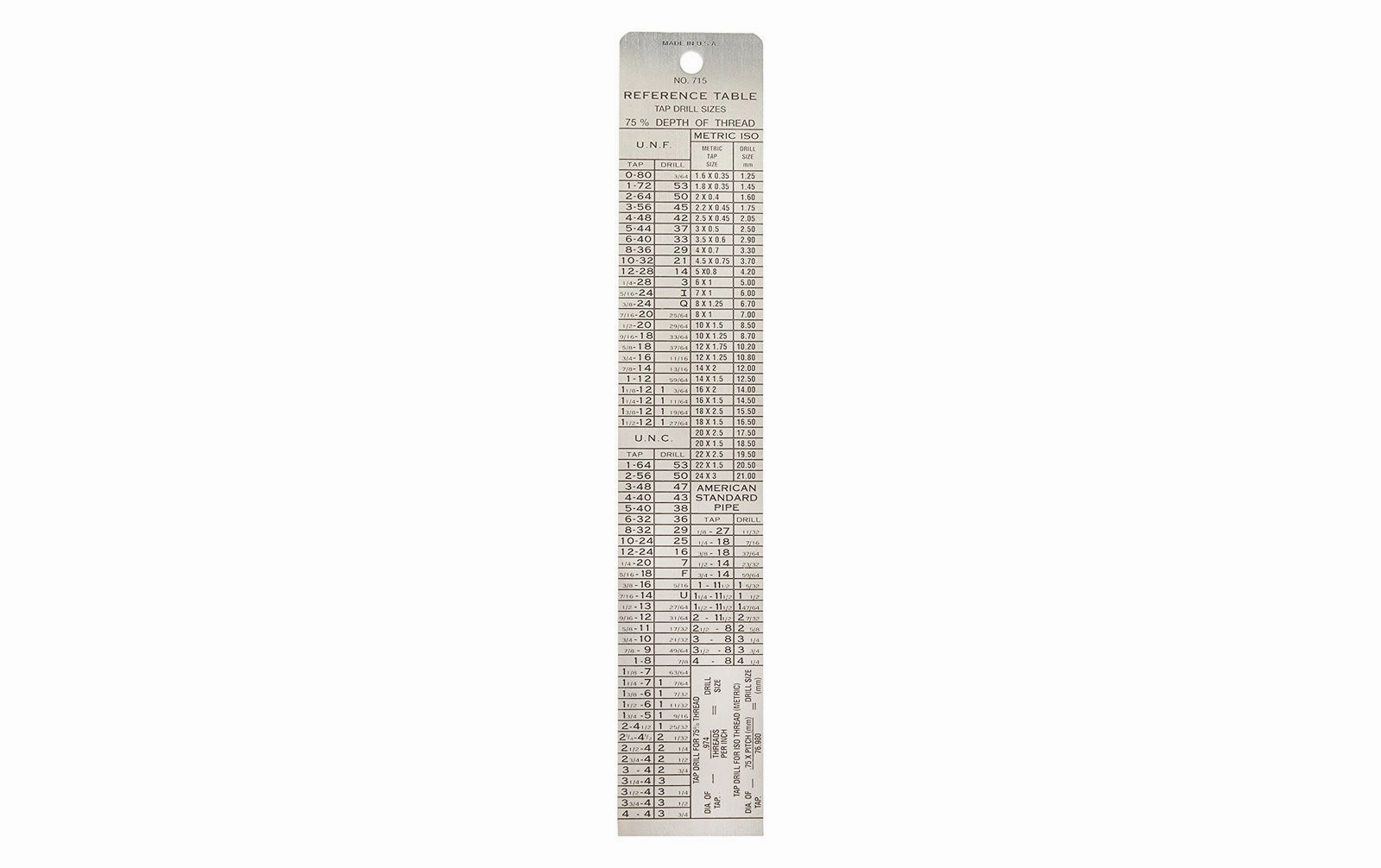 General Tools 6" Stainless Tap & Drill Reference
