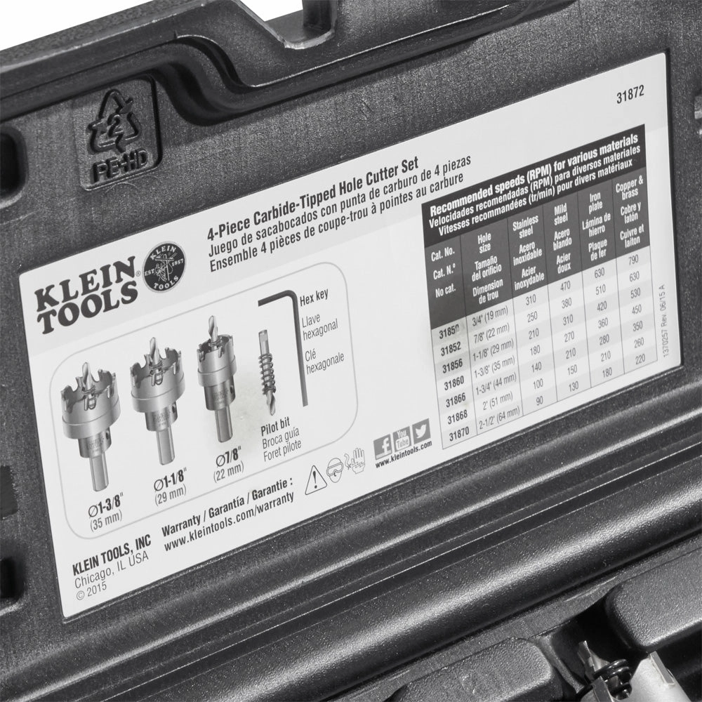 Klein Tools 31872 Carbide Hole Cutter Set Packed in Rust-Proof Molded Plastic Case, 4-Piece