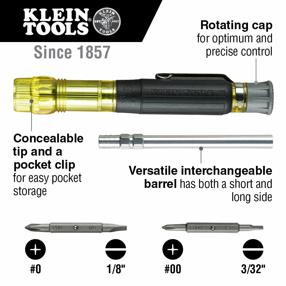 Klein Tools 32614 Screwdriver, Precision Electronics 4-in-1 Pocket Screwdriver with Industrial Strength Bits