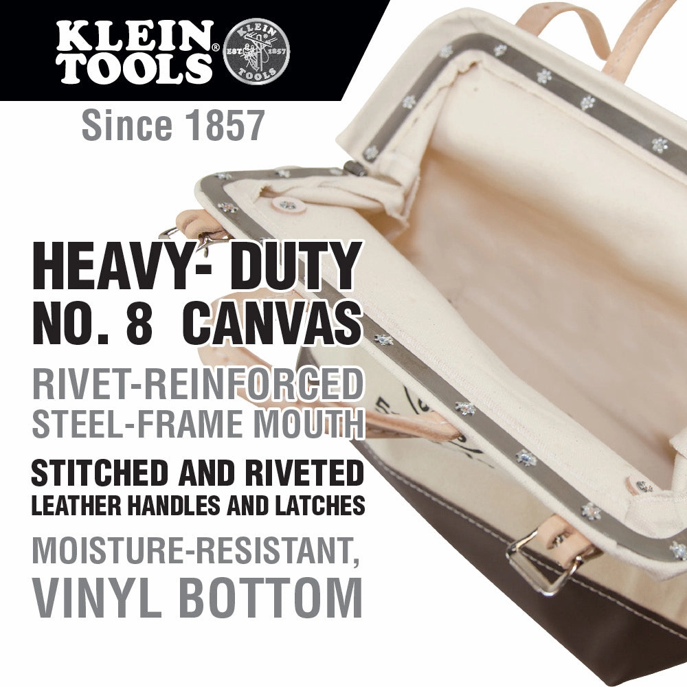 Klein Tools 5102-16 Tool Bag, Canvas Tote for Hand Tools is Heavy Duty Organizer with Steel Frame Mouth