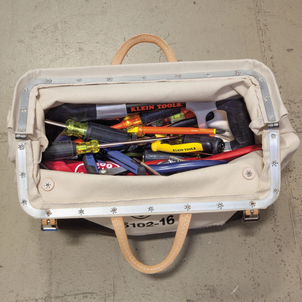 Klein Tools 5102-16 Tool Bag, Canvas Tote for Hand Tools is Heavy Duty Organizer with Steel Frame Mouth