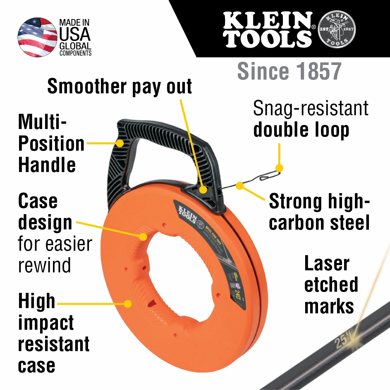 Klein Tools 56334 Steel Fish Tape, 1/8-Inch x 240-Foot