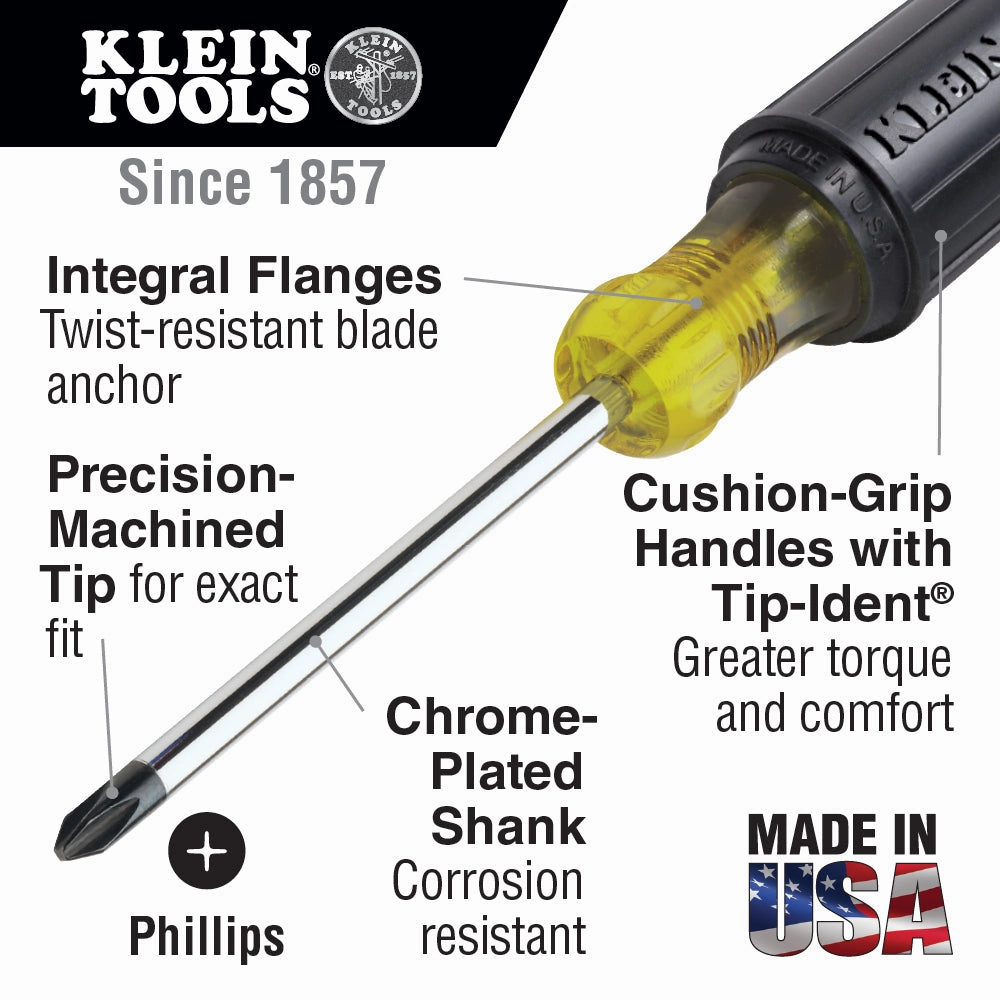 Klein Tools 603-4 Screwdriver, #2 Phillips Tip that is Precision Machined, with Cushion Grip, 8-Inch