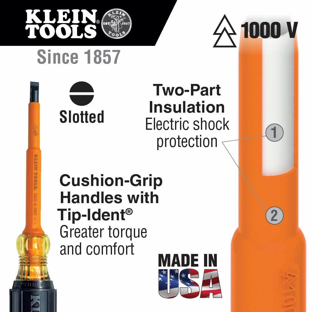 Klein Tools 612-4-INS Insulated 1/8-Inch Slotted Screwdriver, 4-Inch