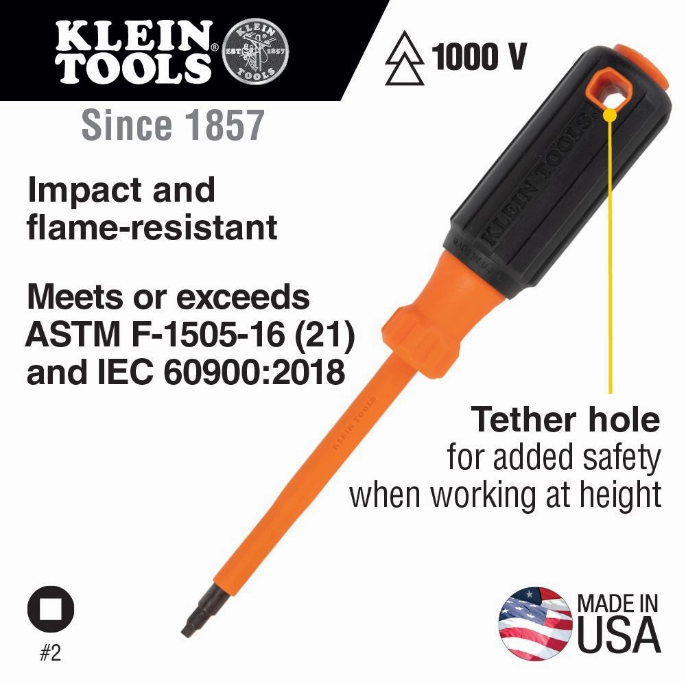 Klein Tools 6844INS Insulated Screwdriver, #2 Square Tip, 4-Inch Round Shank
