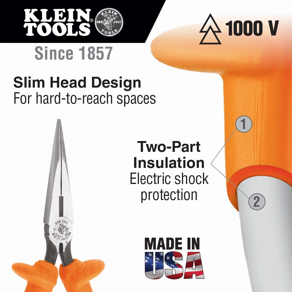 Klein Tools D203-7-INS 7" Insulated Standard Long-Nose Pliers