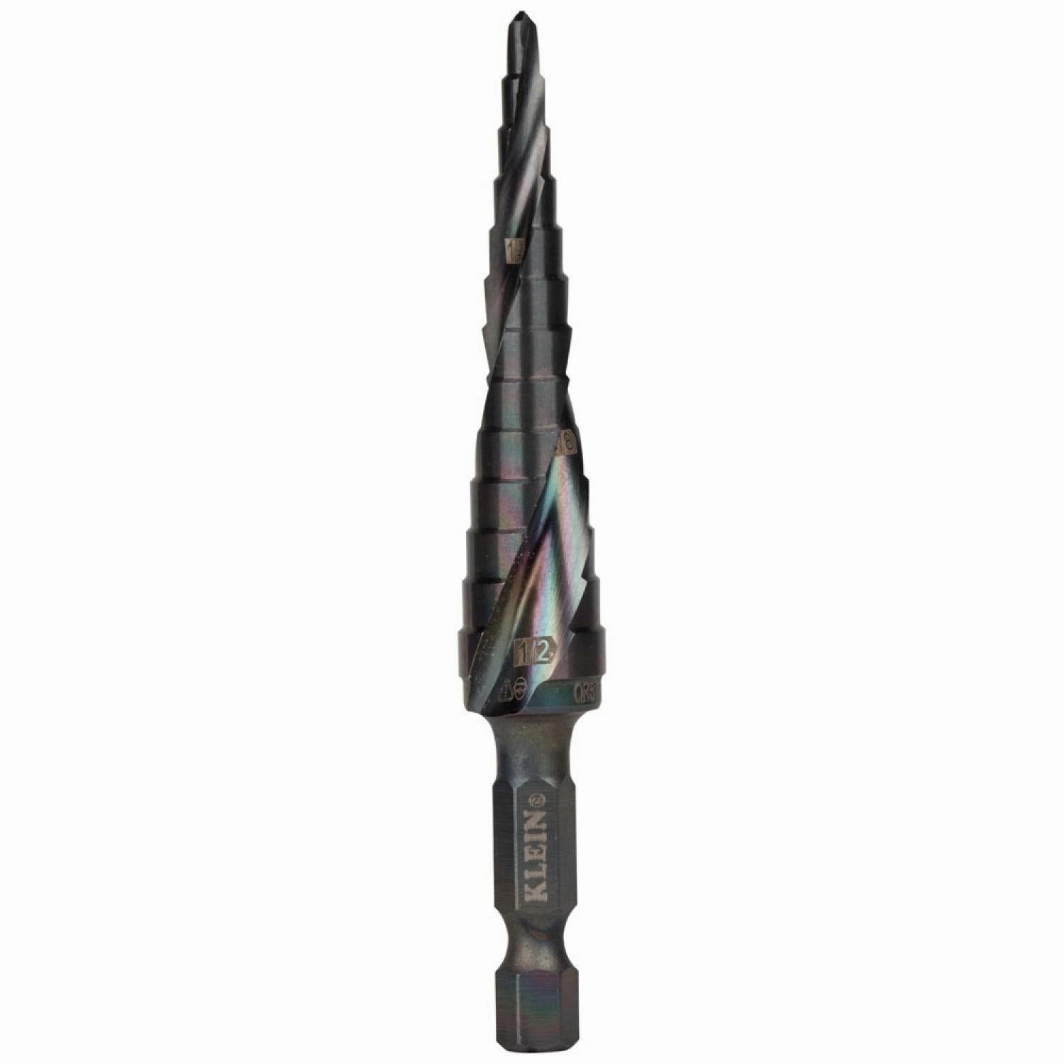 Klein Tools QRST01 Step Drill Bit, Quick Release, Spiral Flute, 1/8 to 1/2"