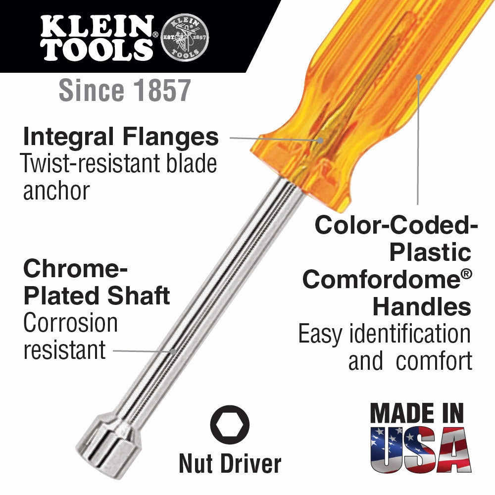 Klein Tools S166 Nut Driver, Hollow Shaft, 6" x 1/2"