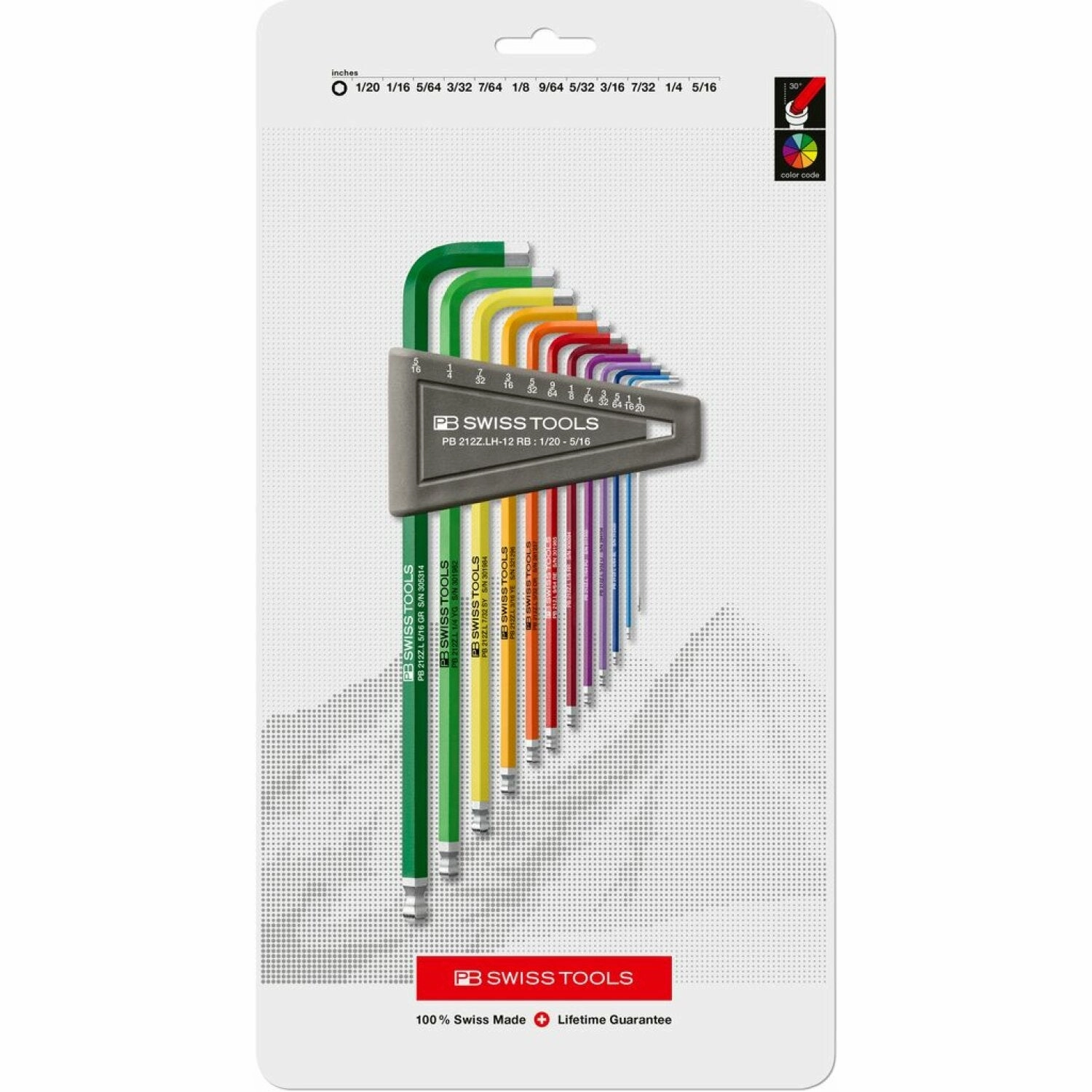 PB Swiss Tools PB 212Z.LH-12 RB RainBow Key L-Wrenches, Long, With Ball Point Set, 1/20-5/16 Inch
