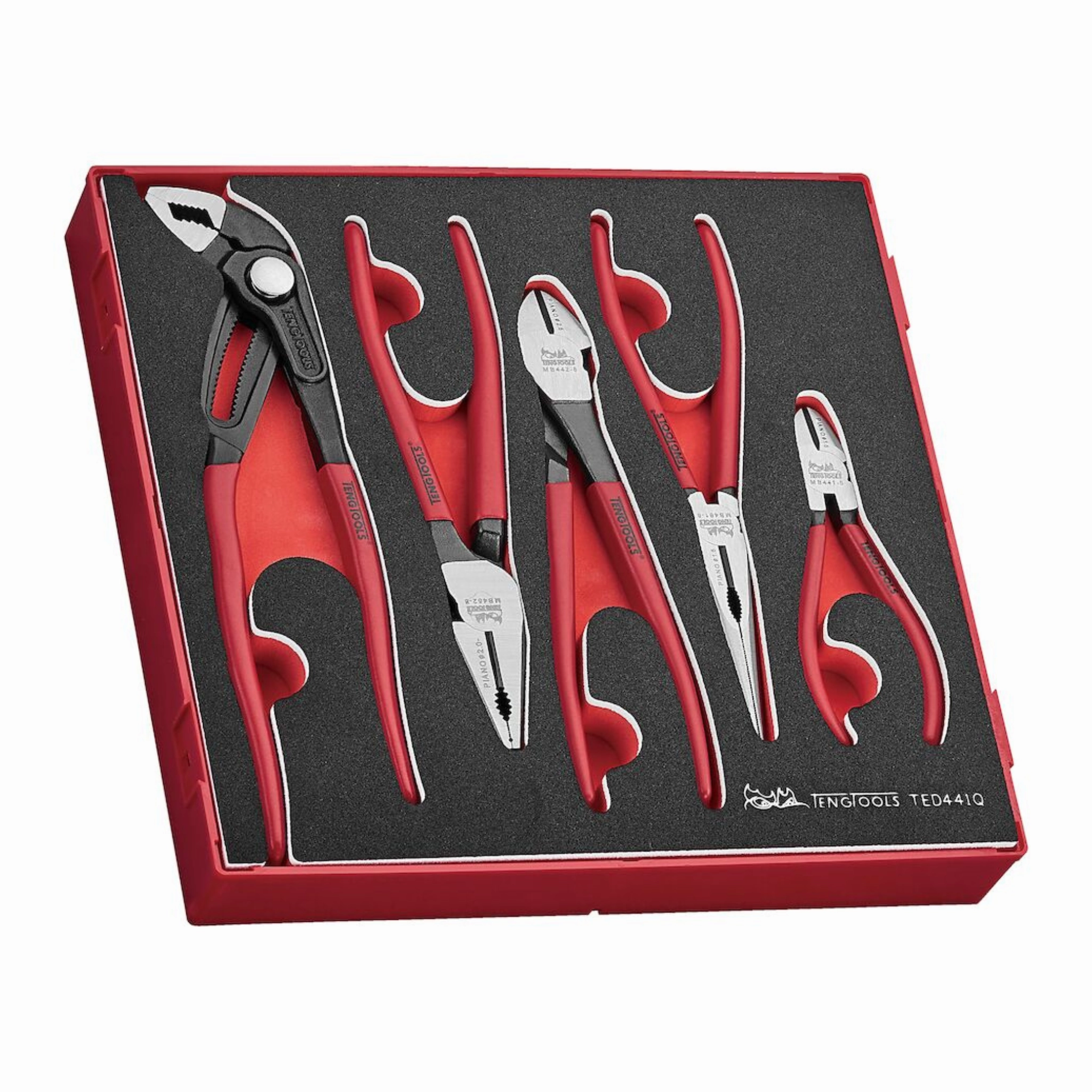 Teng Tools 5 Piece Vinyl Grip Q Plier EVA Foam Set Tool Tray (Side Cutter, Linesman, Long Nose, Quick Set Slip Joint/Water Pump) - TED441Q