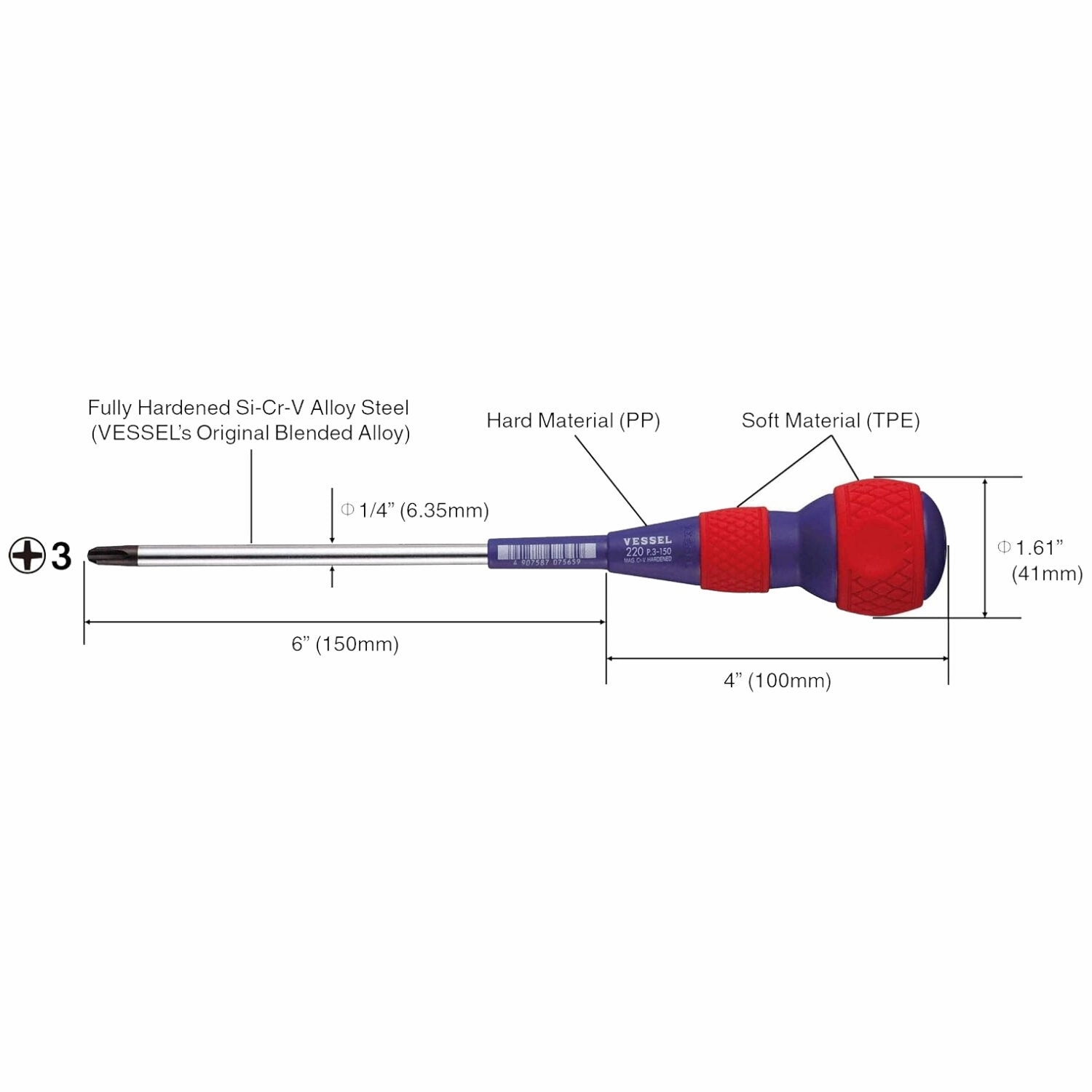 Vessel Tools 220P3150 Ball-Grip Screwdriver No.220, Phillips #3