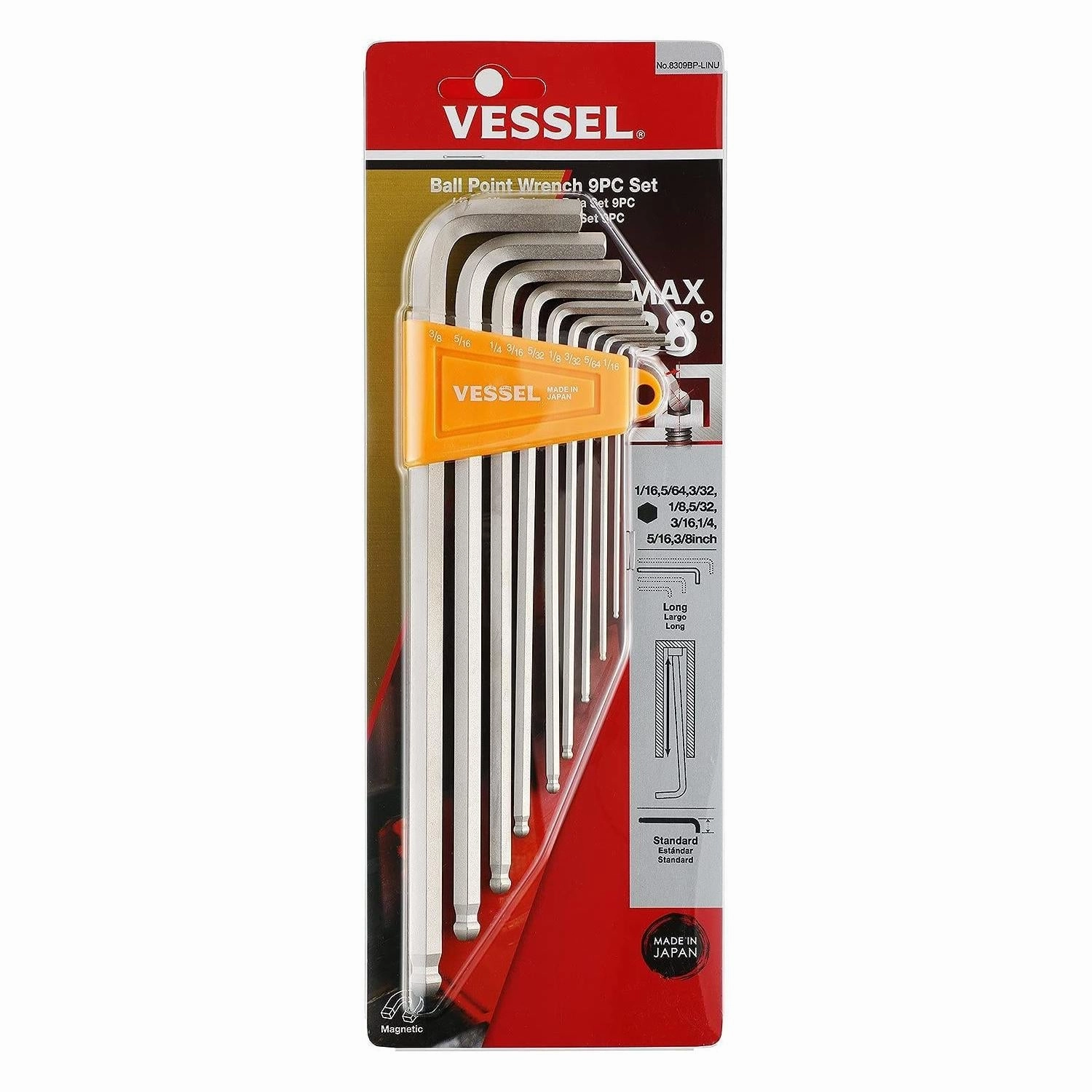 Vessel Tools 8309BPLINU Ball Point Hex L-Key Wrench (Long Type)  9 Piece Set