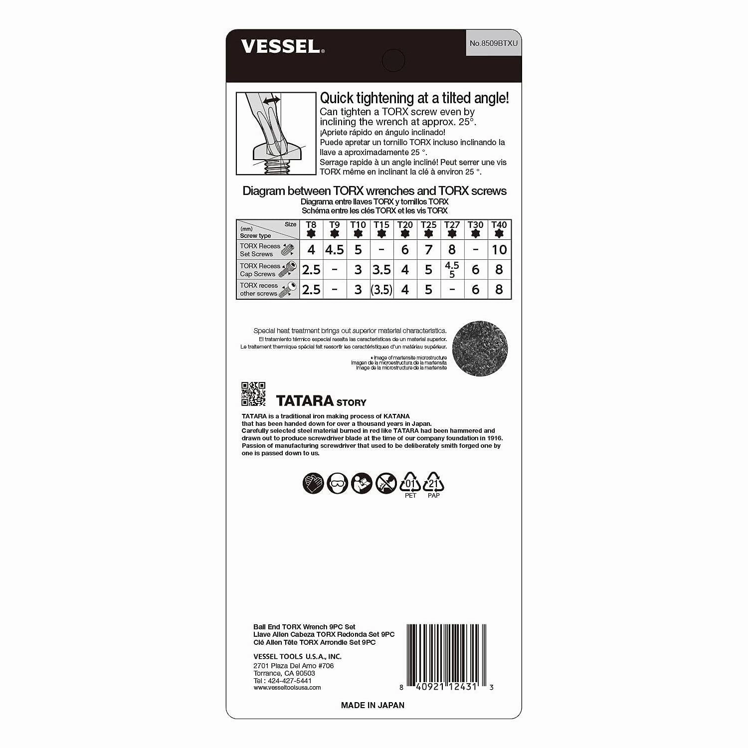 Vessel Tools 8509BTXU Ball End TORX L-Key Wrench 9 Piece Set