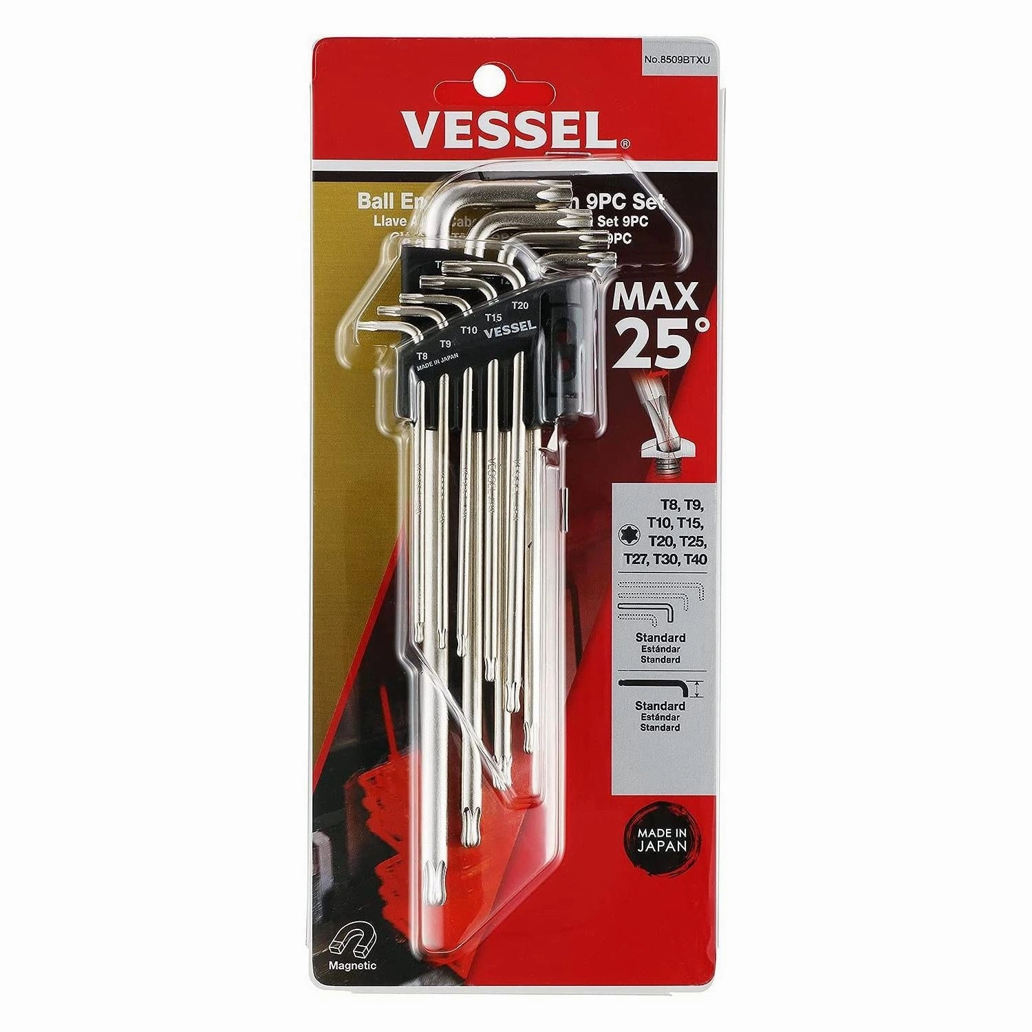 Vessel Tools 8509BTXU Ball End TORX L-Key Wrench 9 Piece Set