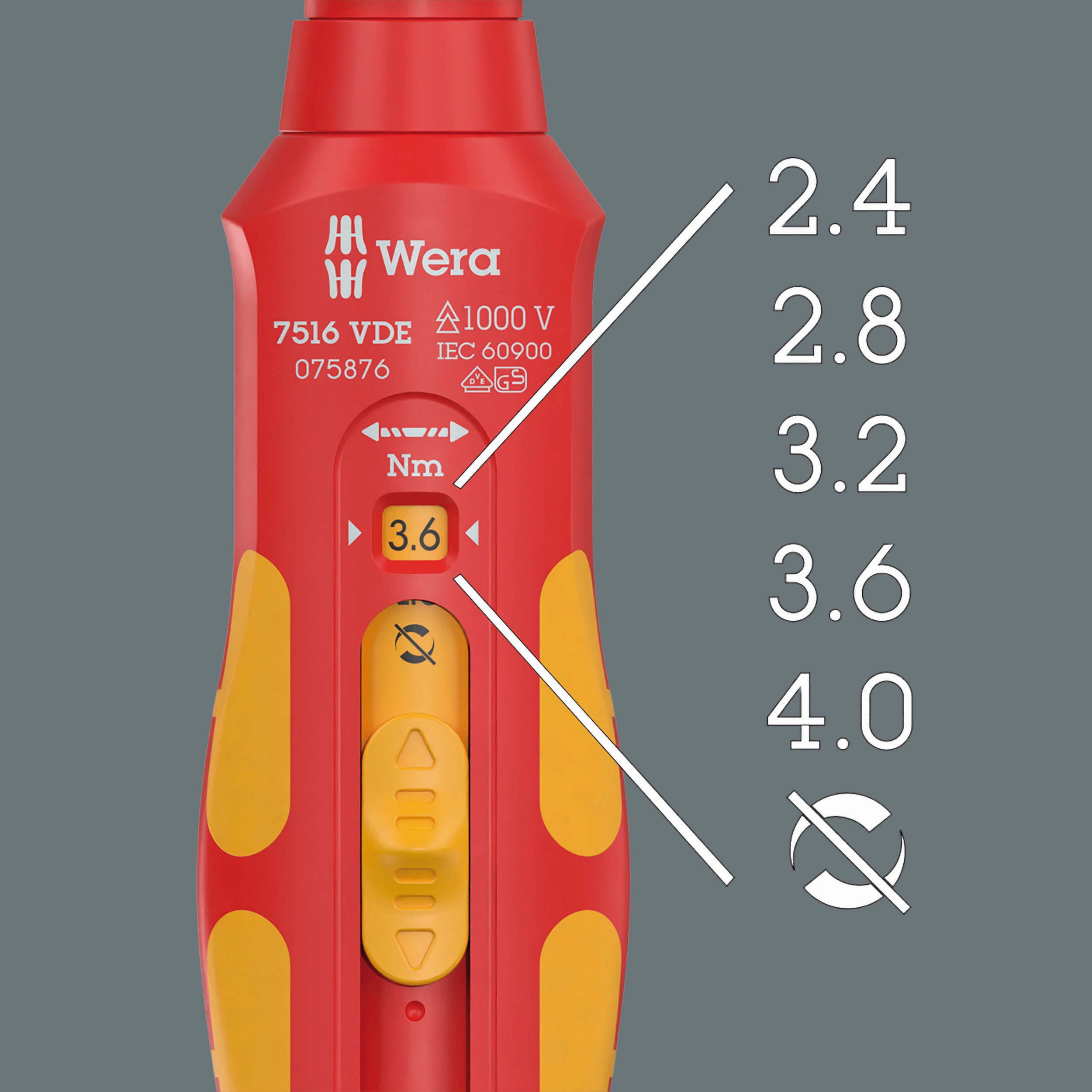 Wera 7516 VDE Kraftform Safe-Torque Speed Torque screwdriver, 2.4-4.0 Nm, 9 x 2.4 Nm x 2.8 Nm x 3.2 Nm x 3.6 Nm x 4.0 Nm x 192 mm