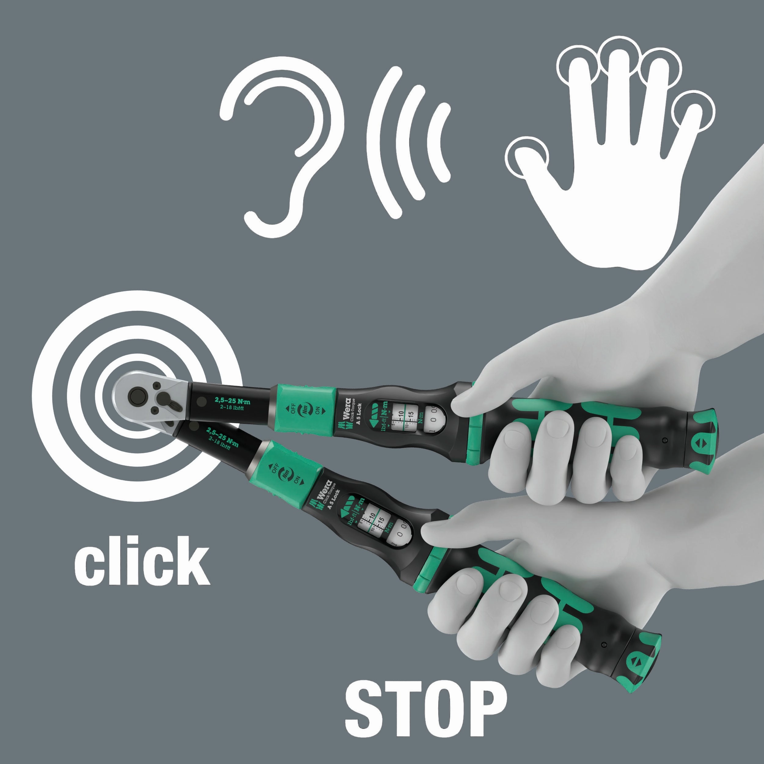 Wera Click-Torque Lock A 5 Torque wrench, adjustable, Torque Lock function, reversible ratchet, clockwise torque operation, 2.5-25 Nm