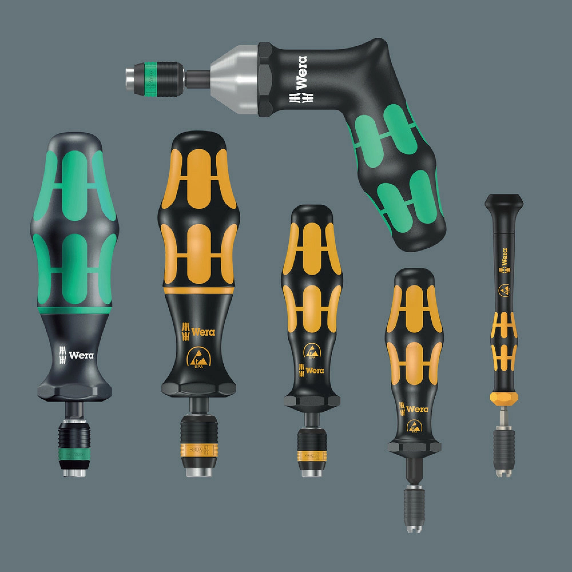 Wera Series 7400 ESD Kraftform pre-set, adjustable torque screwdrivers (0,1-1,5 Nm) with Rapidaptor quick-release chuck, handle size 105 mm, 7460 ESD x 0.3 Nm x 0.3-1.2 Nm
