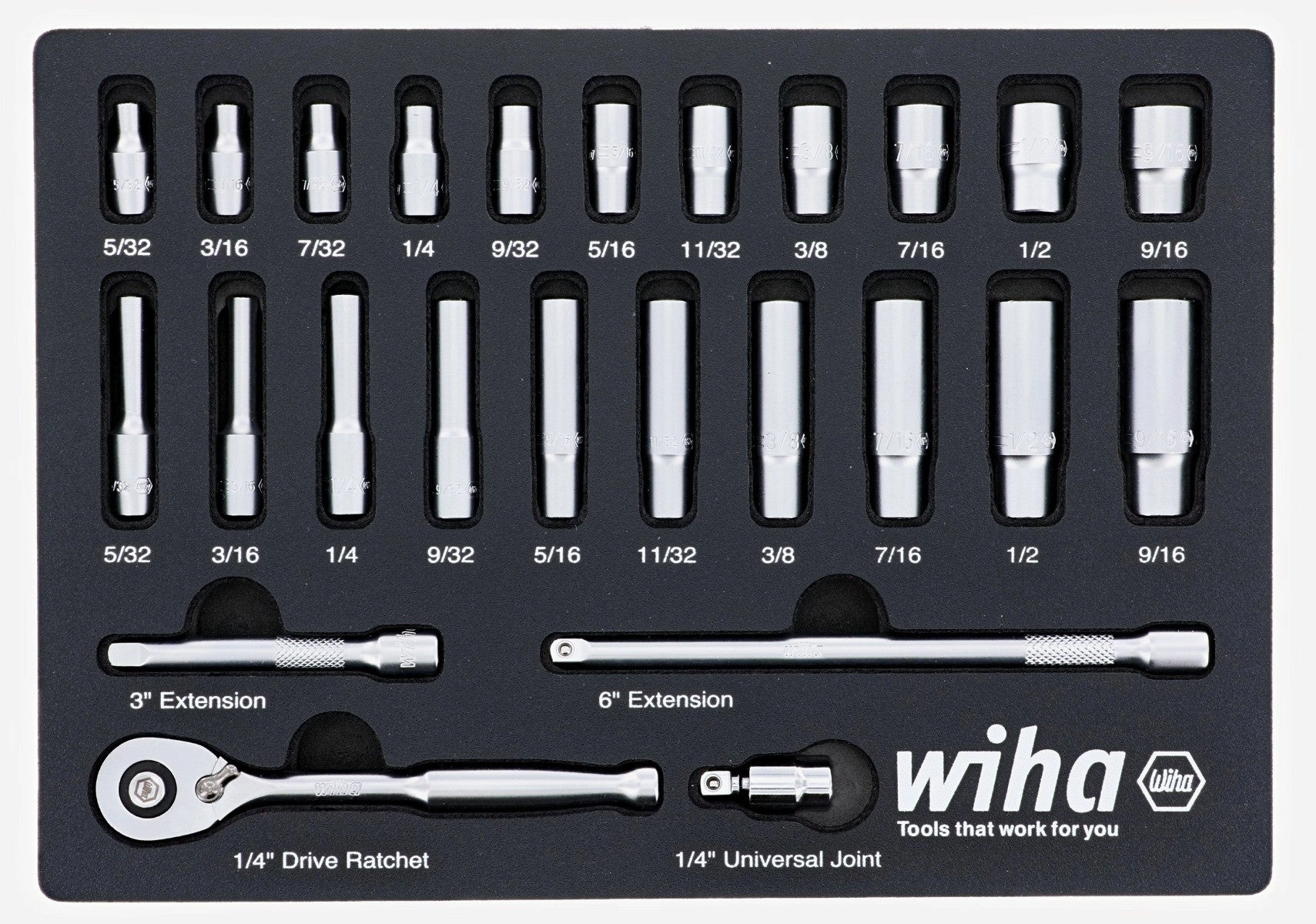 Wiha 33396 25 Piece 1/4 Drive Professional Standard and Deep Socket Tray Set - SAE