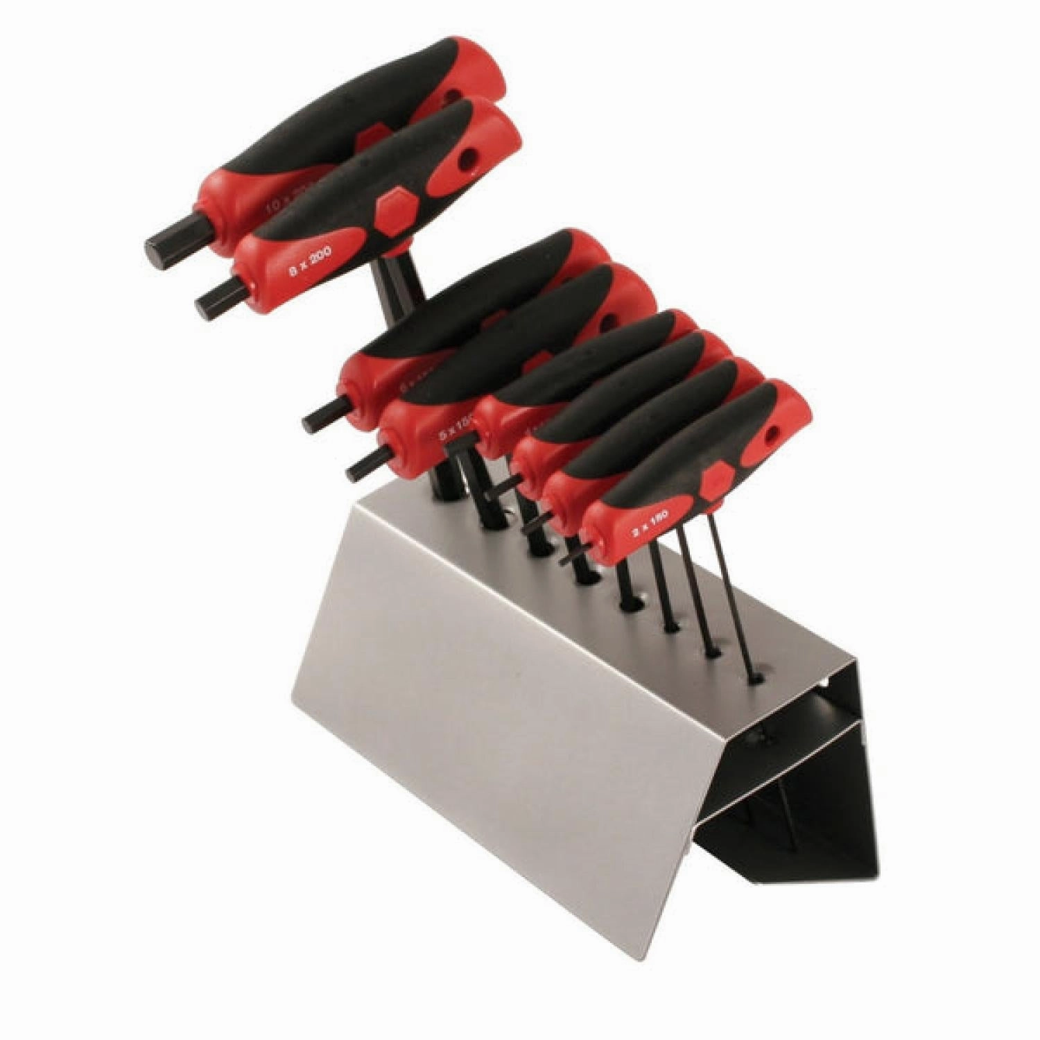 Wiha Tools 33489 Soft Grip Dual Drive Ball End Hex Metric Black Finish T-Handle Drivers, 8 Pc. Set in Metal Stand