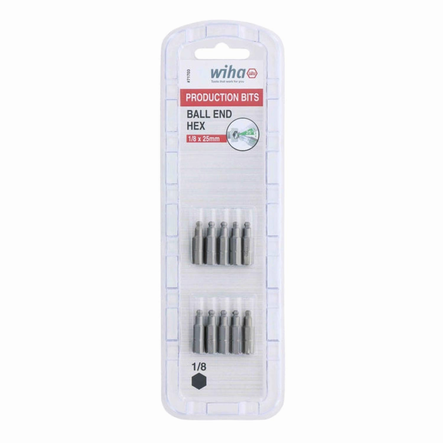 Wiha Tools 71703 Ball-End Hex inch Insert Bit, 1/8" x 25mm, 10 Pieces